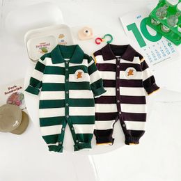 Infant Boys Jumpsuit Cotton Knitted Wide Striped Cartoon Toddler Rompers Spring Autumn Long Sleeve Baby Outfits 240116