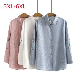 Large women's summer loose cotton linen Blue Short Sleeved Plus Size Shirt Top 3XL 4XL 5XL 6xl 240116