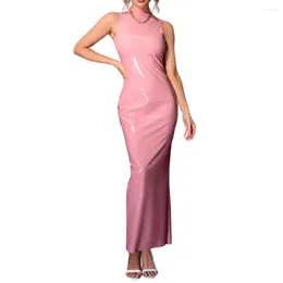 Casual Dresses Sexy Women Sheath Maxi Dress Glossy PVC High Collar Sleeveless Hobble Pencil Back Split Long Streetwear Slim Fit 7XL