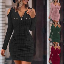 Casual Dresses Women V Neck Long Sleeve Button Zip Collar Slim Bodycon Party Dress Spring Autumn Elastic Knitwear Stretch Vestidos