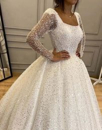 2024 Glanzende Pailletten Trouwjurk Vierkante Kraag Lange Mouwen Kralen Vloerlengte Vrouwen Bruid Toga Robe De Mariage Vestidos De novias