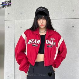 Women's Jackets American Design Letter Print Short For Women With Lapel Motorcycle Harajuku Style High Street Navel-baring Long Sleeves