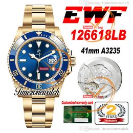 EWF V2 41mm A3235 Automatic Mens Watch 126618 18K Yellow Gold Blue Ceramics Bezel Blue Dial 904L Steel Bracelet Best Version Same Serial Warranty Card Timezonewatch