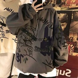 Men's Hoodies Sweatshirts Autumn and winter Korean style trend plus fleece hooded sweater men graffiti hip-hop all-match loose printed coat coupleephemeralew