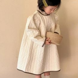 Girl Dresses Girls Casual Korean Childrens Clothing Winter Season Solid Colour Cotton Clip Retro Style Round Neck