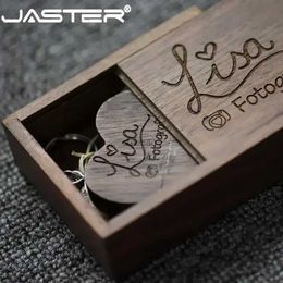 USB Flash Drives JASTER Pen drive Walnut wood heart + box USB 2.0 flash drive Free custom Memory stick with key chain Wedding gift U disk 8G