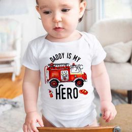 Rompers Daddy Is My Hero Baby Bodysuit Cartoon Fire Truck Print Toddler Jumpsuit Summer Short Sleeve Newborn Outfits Boys Girls Clothing H240508