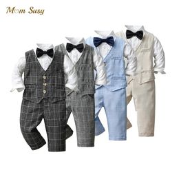 Baby Boy Formal Plaid Clothes Set VestPantShirtBow Tie 4PCS Infant Toddler Child Suit Party Birthday Baby Clothing Set 1-5Y 240115