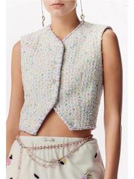 Women's Vests Fashion Women Tweed Multicolor Sequins Short Vest Tops Lady Elgant V-neck Sleeveless Diamonds Single Breasted Pockets Sweet