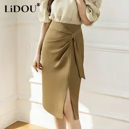 Skirts 2024 Summer Solid Colour Vintage High Waist Zipper Hip Wrap Skirt Women Thin Style Shirring Lacing Asymmetrical A-line