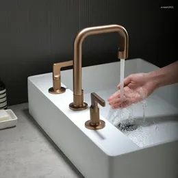 Bathroom Sink Faucets Brushed Rose Gold Widespread Basin Faucet Total Brass Gray 3 Hole And Cold Water Tap