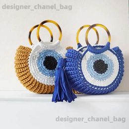 Shoulder Bags Rope het Handbags Tassel Eyes Tote Round Handle Clutch Female Handmade Knitting Yarn Beach Bags for Women Woven Shoulder Bag T240116