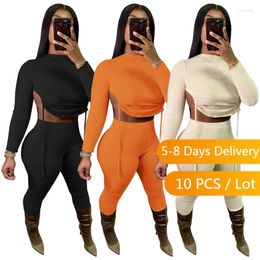 Women's Two Piece Pants Wholesale Items Ribbed Sexy 2 Set Women Clothes Drawstring Backless Crop Top Flare Autumn Bodycon Club Outfits