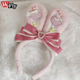 Headbands Sweet Lolita Plush Cute Rabbit Bunny Ears Hair Band KC Women Girls lovely Anime Maid Cosplay Headdress hair Accessories YQ240116