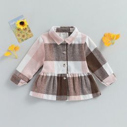 Jackets Kid Girl Long Sleeve Shirt Coat Plaid Print Lapel Button Closure Fall Spring A-line Tops Children Clothing Outerwear