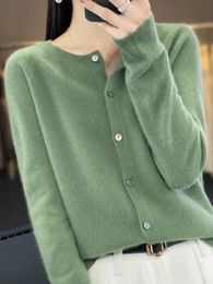 Aliselect Long Sleeve Women Knitwear Cashmere Knit 100% Pure Merino Wool Spring Autume O-Neck Top Cardigan Sweater Clthing Coat 240115