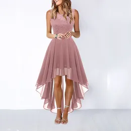 Casual Dresses VOLALO 2024 Chiffon Sexy Lace Solid Color Pink Wedding Party Country Bridesmaid Long Dress Vestidos De