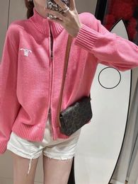 New designer Pink zipper stand collar knit cardigan women 2024 autumn and winter new high-grade casual sweater coat