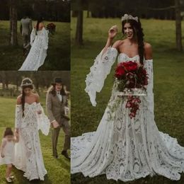 Vintage Crochet Lace Boho Wedding Gowns with Long Sleeve 2022 Off Shoulder Countryside Bohemian Celtic Hippie Bride Dresses Robe280b