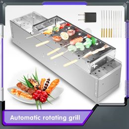 Automatic Adjustable Flipping Barbecue Grill with 10 BBQ Stickers Stainless Steel BBQ Shelf 10 Holes Skewers Rolling BBQ Tools 240116