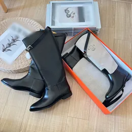 Fashion women designer boots over the knee silver buckle knee length long boots black genuine leather luxury women knee boots
