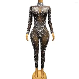 Stage Wear Sexy Big Pearls Crystals Rhinstones Transparent Jumpsuit Evening Birthday Celebrate Outfit Dancer Poshoot Rompers