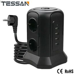 Power Cable Plug TESSAN Multi-tap Vertical Tower Power Strip Overload Protection 6 Way Socket Outlets 4 USB Ports Extension Socket EU Plug 2500W YQ240117