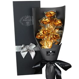 24K Foil Plated Gold Rose Bouquet Proposal Gift Flowers Box Wedding Decor Valentine Day Creative Gift Golden Rose Drop 240117