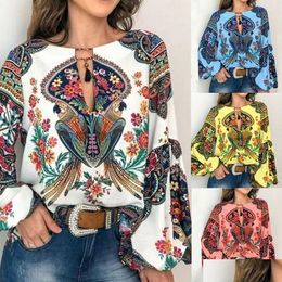 Women'S Blouses & Shirts Blouse For Women Work Casual Floral V-Neck Long Lantern Sleeve Oversize T Shirt Tops S To 3Xl Blouses Plus S Dhvef