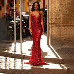 2024 sexy strap mermaid Of The Bride Dresses new v neck Long Illusion lace Appliqued Sequins Beaded Mother sweep train black girl Wedding Guest Gown