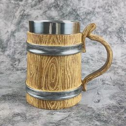 Mugs Retro Simulated Wooden Barrel Beer Mug Viking Large Capacity 304 Stainless Steel Liner Coffee Wine Glass Bar Ornaments