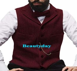 2020 Fashion Wool Groom Vests Farm Wedding Vintage Brown Tweed slim fit Tailor Made Men Attire Party Groomsman Vest Prom 9 Colors2584559