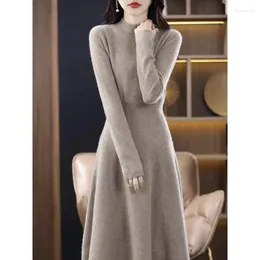 Casual Dresses Women's Half High Neck Knitted Wool Dress Cashmere Solid Colour A-line Length Female Spring Autumn Underlay