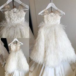 2020 Real Pictures Flower Girl Dresses Jewel Neck Lace Appliqued Feather Luxury Girls Pageant Dress Party Wear Custom Made Kids Fo286f