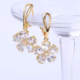 Dangle Earrings HUAMI 18K Plated Gold Drop Earings Flower Jewellery Two Colour Zircon Long-lasting Gift For Sister Bizuteria Damska