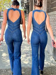 Taruxy sem costas coração recorte bodycon macacão para mulheres casual sem mangas magro outfits retro denim macacões 240116