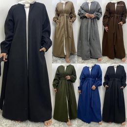 Ethnic Clothing 2024 Women Dubai Thick Cardigan Coat Muslim Islamic Winter Warm Abaya Kaftan Casual Full Length Dress S-2XL