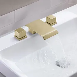 Bathroom Sink Faucets Luxury Brass Waterfall Widespread Faucet Three Hole Two Handle Basin Mixer Copper Cold