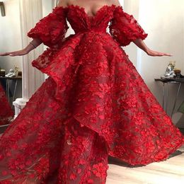 Zuhair Murad Red Evening Dresses Off The Shoulder Lace 3D Floral Appliqued Pearls Luxury Prom Dress A Line Long Sleeve Party Gowns299J
