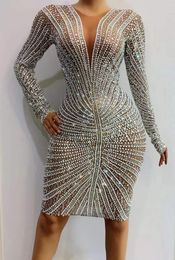 Stage Wear Shining Crystal Rhinestones Long Sleeve Sexy Women Sheath Dress Evening Party Clothing Singer Costumes Nightclub Bar