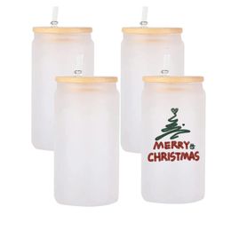 12/25/50 Pack USA Warehouse 16oz Sublimation Glass Can Shape Mason Bubble Water Bottle With Bamboo Lid And Straw 240117