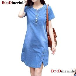 Basic & Casual Dresses Korean Plus Size Denim Dress For Women Summer Casual With Button Pocket Y Mini Jeans 3Xl 4Xl Boodinerinle 2103 Dh18Y