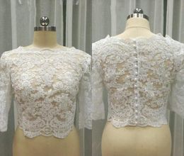 In Stock Lace Wedding Jackets For Women 34 Long Sleeve Lace Bolero Bateau Pearls Wedding Jacket Plus Size1514524