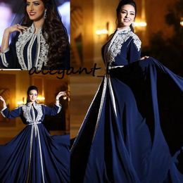 Navy Blue Kaftan Caftan Moroccan Evening Formal Dresses 2021 Lace Embroidery Long Sleeve Muslim Arabic Prom Fashion Dress199T