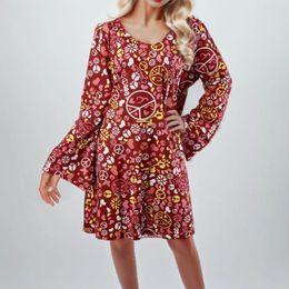 Casual Dresses Spring Fashion Vintage Printed Short Dress For Women Round Neck Large Size Loose Comfortable Long Sleeve