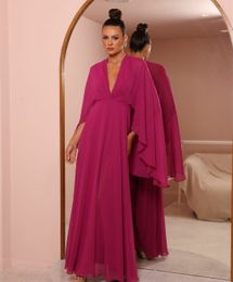 Elegant Long Fuchsia Chiffon Evening Dresses With Ruffled Sleeves A-Line V-Neck Pleated Zipper Back Floor Length Prom Dress Party Dresses for Women