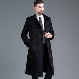 Men's Long Trench Coat Spring and Autumn Double Breasted European British Style Windbreaker Gentleman Black