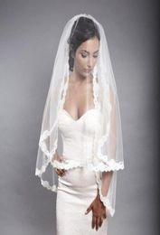 Short Bridal Wedding Veils White or Ivory Alencon Lace Trim Fingertips Length One Tiered Bridal Veil Wedding Veils 20151567387