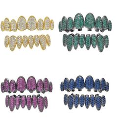 New Full colour zircon Teeth Grillz Top Bottom 18K gold silvery Colour Grills Dental Mouth Hip Hop Fashion Jewellery Rapper Jewelry759852456