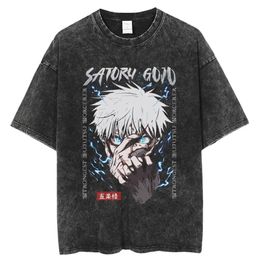 Anime Jujutsu Kaisen T Shirt Vintage Washed T-shirt Gojo Satoru Graphic Print TShirt 100% Cotton Summer Retro Short Sleeve Tees 240116